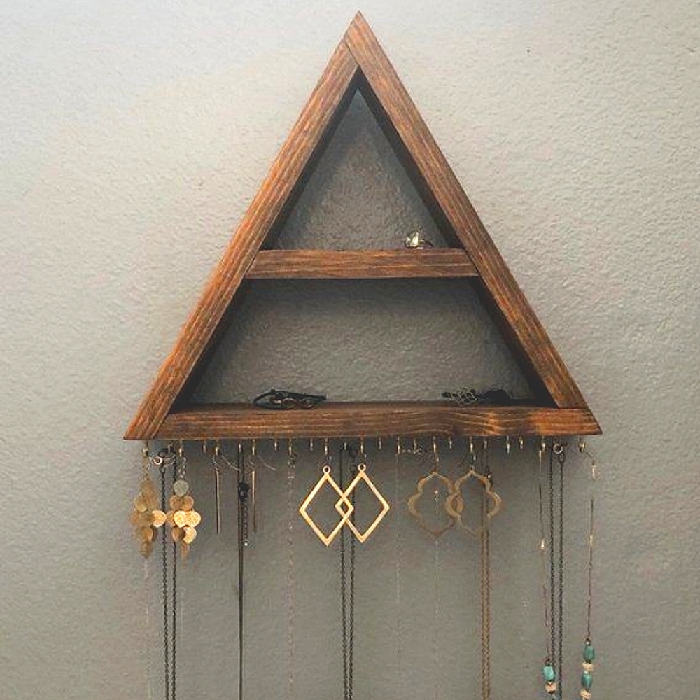 Wall Mounted rustic distressed wood Triangle jewlery shelf with hooks